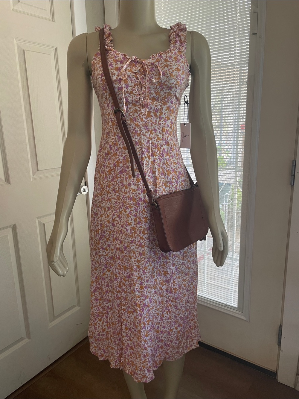 Japna Pink & Cream Floral Midi Dress with Ruffle Straps